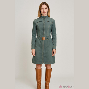 Terranova Retro Long Sleeve High Collar Zipup Belted Denim Dress-Size S